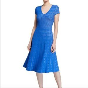 NWT Shoshanna Dress Small Blue Anara Cap Sleeve Fit Flare V Neck Heavy Knit